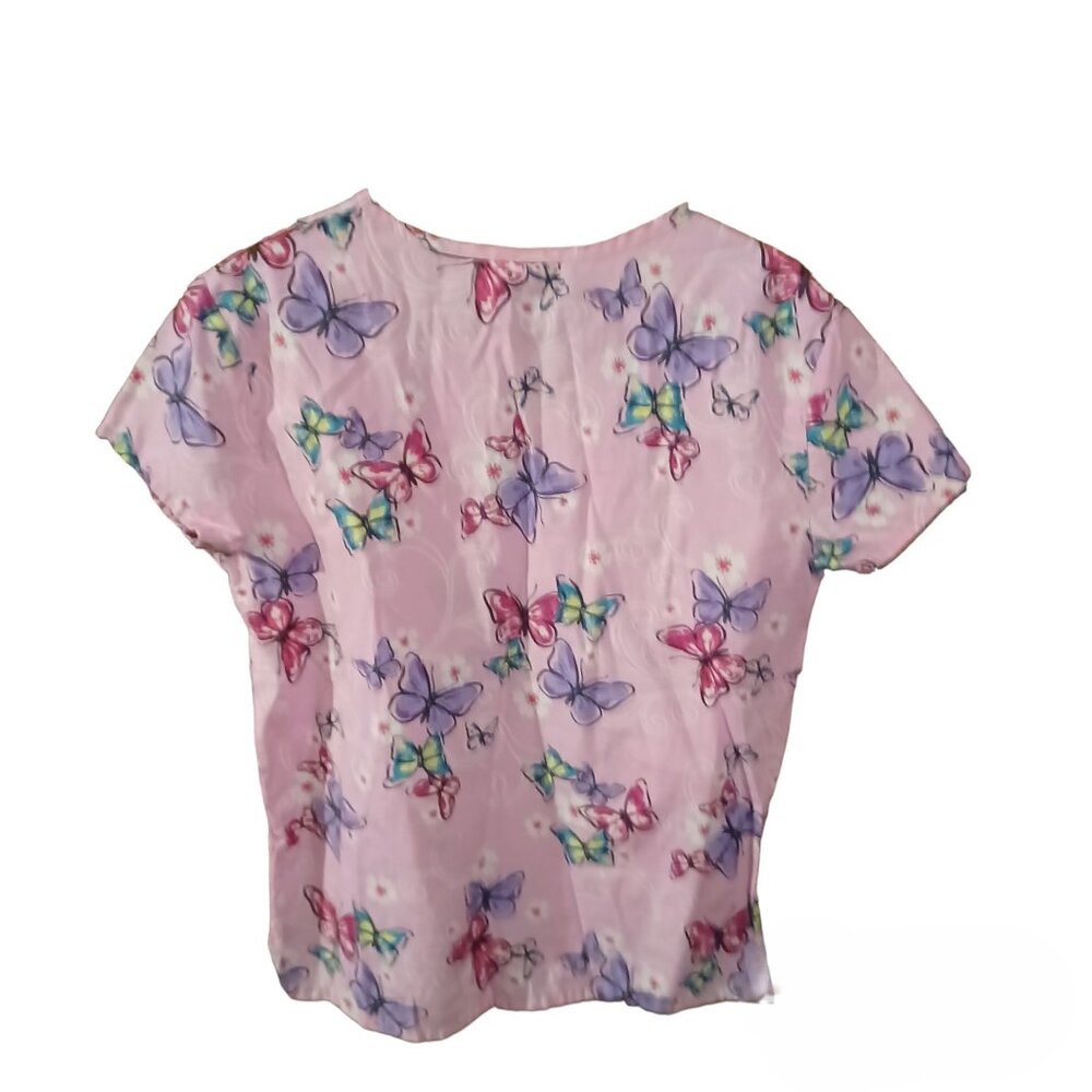 Movie Star Colorful Butterflies Scrub Top V-Neck Pockets - Picture 3 of 4
